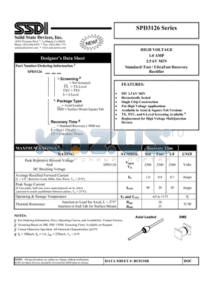 SPD3126FSMSS datasheet - HIGH VOLTAGE 1.0 AMP 2.5 kV MIN Standard/ Fast / UltraFast Recovery Rectifier