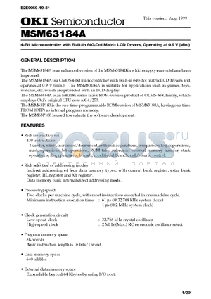 MSM63184A datasheet - 4-Bit Microcontroller with Built-in 640-Dot Matrix LCD Drivers, Operating at 0.9 V (Min.)