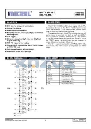 SY100H603JC datasheet - 9-BIT LATCHED ECL-TO-TTL