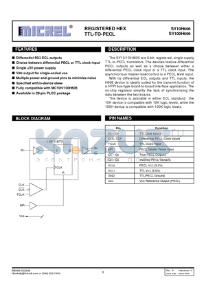 SY100H606JCTR datasheet - REGISTERED HEX TTL-TO-PECL