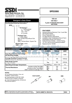 SPD3595 datasheet - 150mA 125 VOLT 3 nsec STANDARD RECOVERY