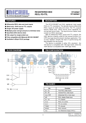 SY100H607JCTR datasheet - REGISTERED HEX PECL-TO-TTL