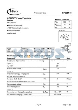 SPD35N10 datasheet - SIPMOS Power-Transistor