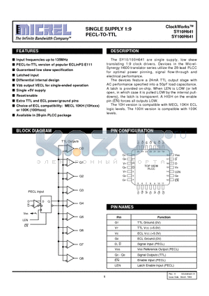 SY100H641JCTR datasheet - SINGLE SUPPLY 1:9 PECL-TO-TTL