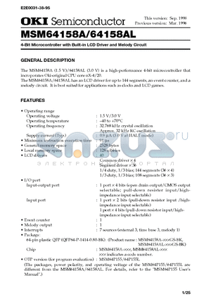 MSM64158AL datasheet - 4-Bit Microcontroller with Built-in LCD Driver and Melody Circuit