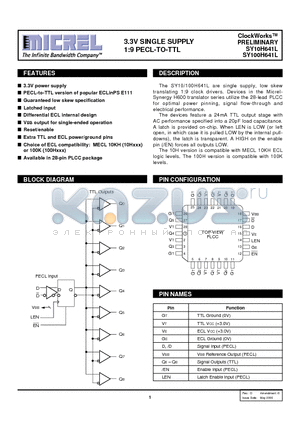 SY100H641LJCTR datasheet - 3.3V SINGLE SUPPLY 1:9 PECL-TO-TTL