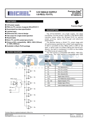 SY100H641LJCTR datasheet - 3.3V SINGLE SUPPLY 1:9 PECL-TO-TTL