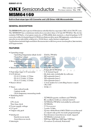 MSM64169-XXX datasheet - Built-in Dual-slope type A/D Converter and LCD Driver 4-Bit Microcontroller