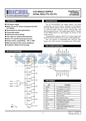 SY100H646LJC datasheet - 3.3V SINGLE SUPPLY OCTAL PECL/TTL-TO-TTL