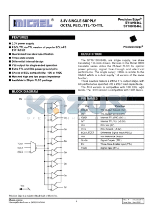 SY100H646LJCTR datasheet - 3.3V SINGLE SUPPLY OCTAL PECL/TTL-TO-TTL