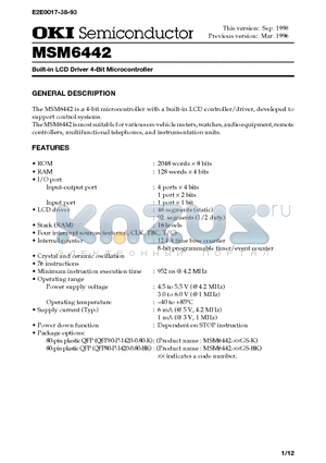 MSM6442-XXGS-BK datasheet - Built-in LCD Driver 4-Bit Microcontroller