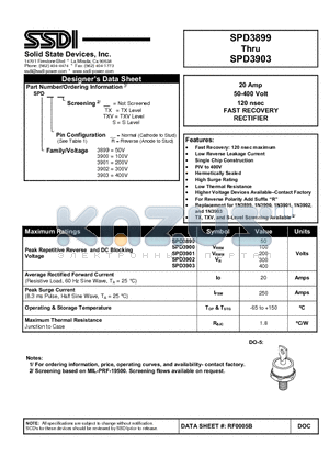 SPD3899 datasheet - 20 Amp 50-400 Volt 120 nsec FAST RECOVERY RECTIFIER