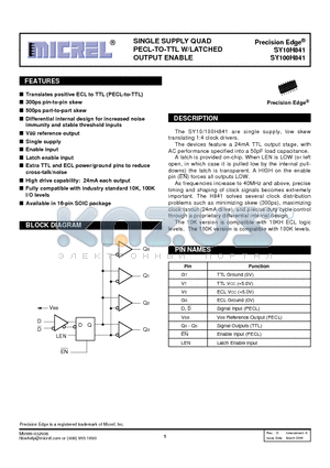 SY100H841 datasheet - SINGLE SUPPLY QUAD PECL-TO-TTL W/LATCHED OUTPUT ENABLE