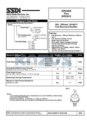 SPD3909 datasheet - 30A, 200nsec, 50-400 V Fast Recovery Rectifier