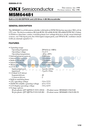 MSM64481 datasheet - Built-in 512-Bit EEPROM and LCD Driver 4-Bit Microcontroller