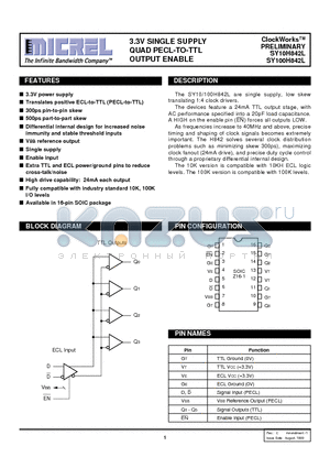 SY100H842LZC datasheet - 3.3V SINGLE SUPPLY QUAD PECL-TO-TTL OUTPUT ENABLE