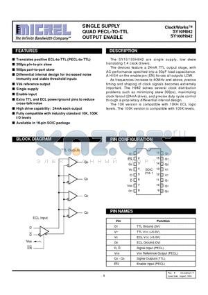 SY100H842ZCTR datasheet - SINGLE SUPPLY QUAD PECL-TO-TTL OUTPUT ENABLE