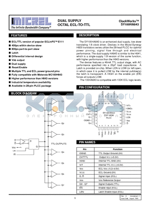 SY100HA643 datasheet - DUAL SUPPLY OCTAL ECL-TO-TTL