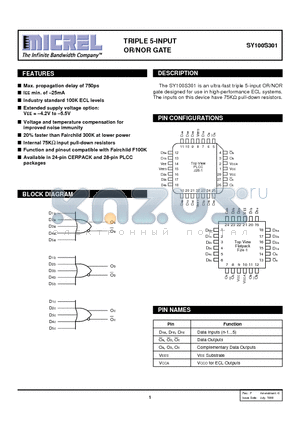 SY100S301FC datasheet - TRIPLE 5-INPUT OR/NOR GATE