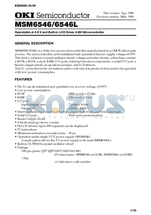 MSM6546L datasheet - Operatable at 0.9 V and Built-in LCD Driver 4-Bit Microcontroller