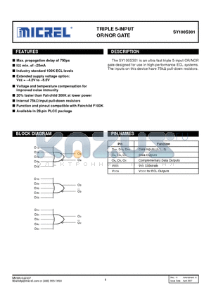 SY100S301JZTR datasheet - TRIPLE 5-INPUT OR/NOR GATE