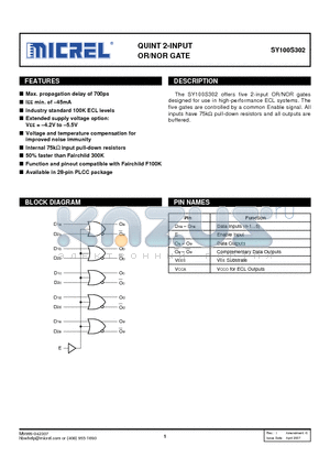 SY100S302JZ datasheet - QUINT 2-INPUT OR/NOR GATE