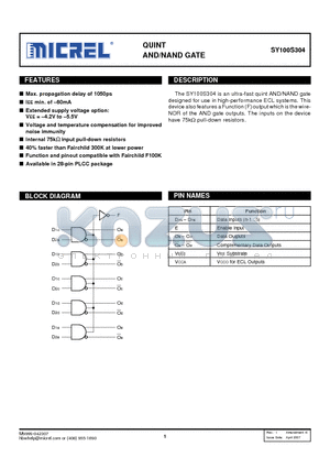 SY100S304JCTR datasheet - QUINT AND/NAND GATE