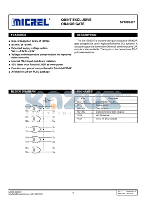 SY100S307 datasheet - QUINT EXCLUSIVE OR/NOR GATE