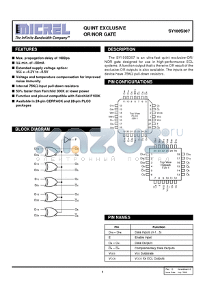 SY100S307JCTR datasheet - QUINT EXCLUSIVE OR/NOR GATE