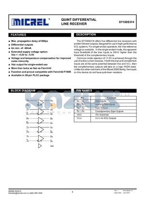 SY100S314 datasheet - QUINT DIFFERENTIAL LINE RECEIVER