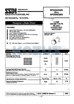 SPD505SMS datasheet - 5AMP 200-600VOLTS 40 nsec HYPER FAST RECTIFIER