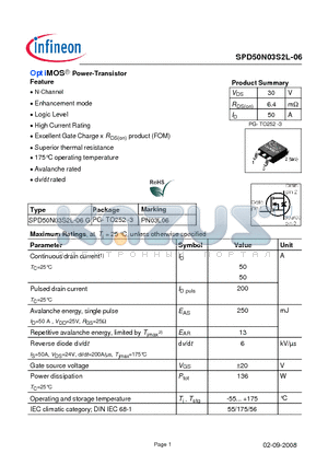 SPD50N03S2L-06G datasheet - N-Channel Enhancement mode Logic LevelExcellent Gate Charge x RDS(on) product (FOM)
