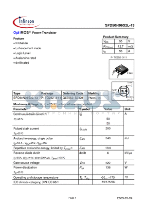 SPD50N06S2L-13 datasheet - OptiMOS Power-Transistor