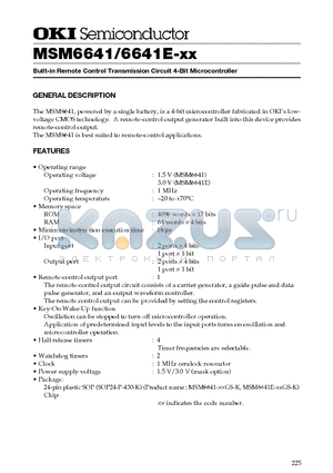 MSM6641E-XX datasheet - Built-in Remote Control Transmission Circuit 4-Bit Microcontroller