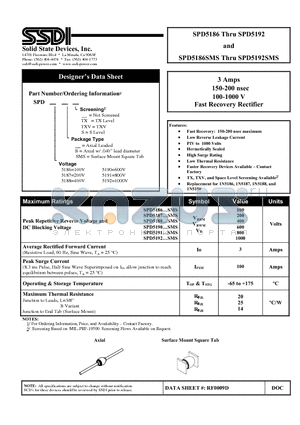 SPD5186BS datasheet - 3 Amps 150-200 nsec 100-1000 V Fast Recovery Rectifier