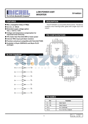 SY100S321JCTR datasheet - LOW-POWER 9-BIT INVERTER