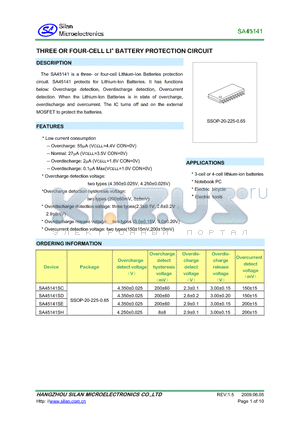 SA45141 datasheet - THREE OR FOUR-CELL LI BATTERY PROTECTION CIRCUIT