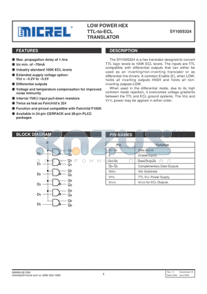 SY100S324JC datasheet - LOW POWER HEX TTL-to-ECL TRANSLATOR