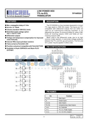 SY100S324FC datasheet - LOW POWER HEX TTL-to-ECL TRANSLATOR