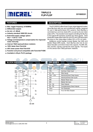 SY100S331 datasheet - TRIPLE D FLIP-FLOP