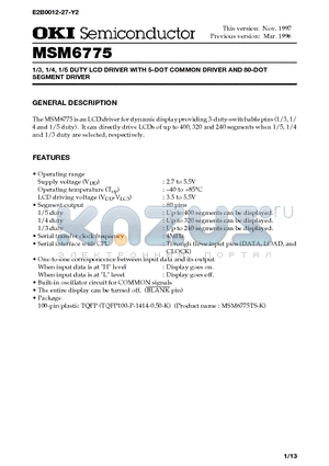 MSM6775 datasheet - 1/3, 1/4, 1/5 DUTY LCD DRIVER WITH 5-DOT COMMON DRIVER AND 80-DOT