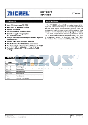 SY100S341 datasheet - 8-BIT SHIFT REGISTER