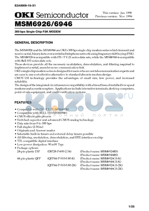 MSM6926 datasheet - 300 bps Single Chip FSK MODEM