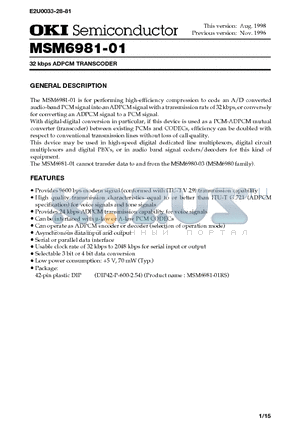 MSM6981-01RS datasheet - 32 kbps ADPCM TRANSCODER