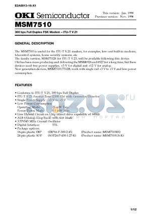 MSM7510 datasheet - 300 bps Full Duplex FSK Modem - ITU-T V.21