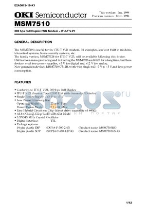 MSM7510RS datasheet - 300 bps Full Duplex FSK Modem - ITU-T V.21