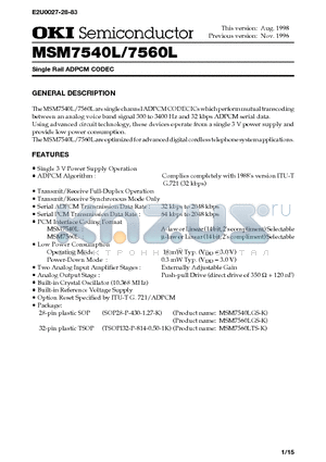 MSM7540L datasheet - Single Rail ADPCM CODEC