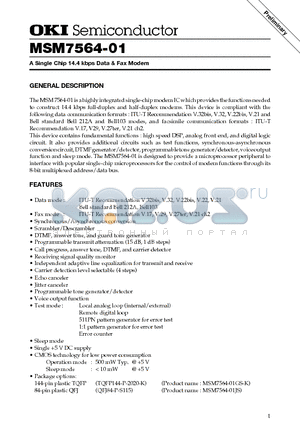 MSM7564-01 datasheet - A Single Chip 14.4 kbps Data & Fax Modem