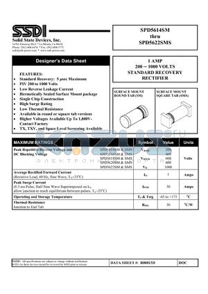 SPD5614SMS datasheet - 1 AMP 200  1000 VOLTS STANDARD RECOVERY RECTIFIER