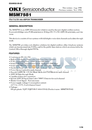 MSM7581 datasheet - ITU-T G.721 4ch ADPCM TRANSCODER